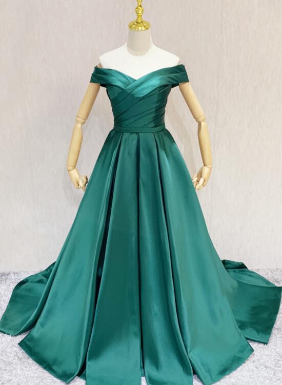 Green Off Shoulder Satin Sweetheart Long Formal Dress A-line Wedding Party Dress Sa236
