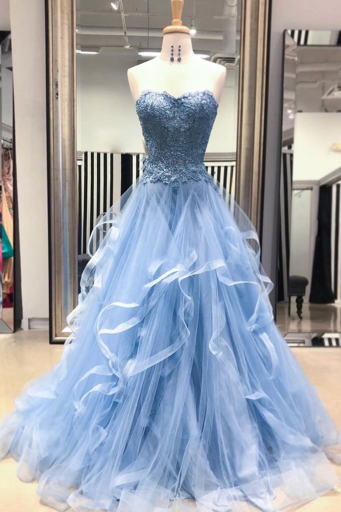 Stunning Blue Lace Bodice Tulle Prom Dress