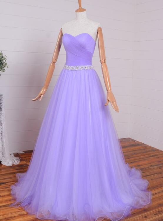 Lavender Sweetheart Simple Beaded Waist Long Party Dress, Tulle Evening ...