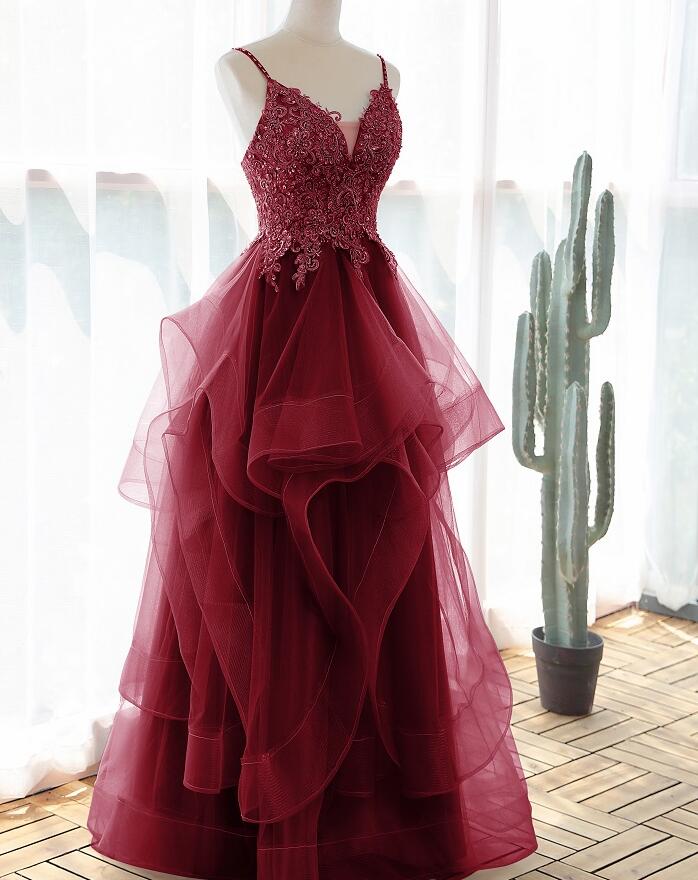 Wine Red Style Straps Lace And Tulle Layers Prom Dress Burgundy Formal Evening Dress Sa255