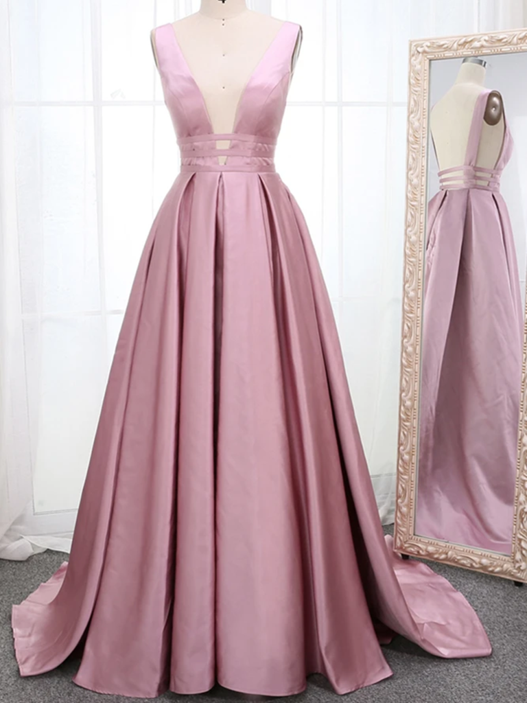 Pink V Neck Sleeveless Long Satin Prom Dresses Ruched Long Satin Formal Evening Dresses Sa265