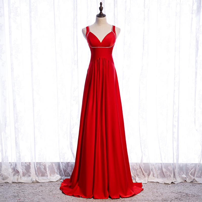 Red Satin Long Sexy Backless Long Straps Formal Dress Hand Made Red Prom Dress Sa271