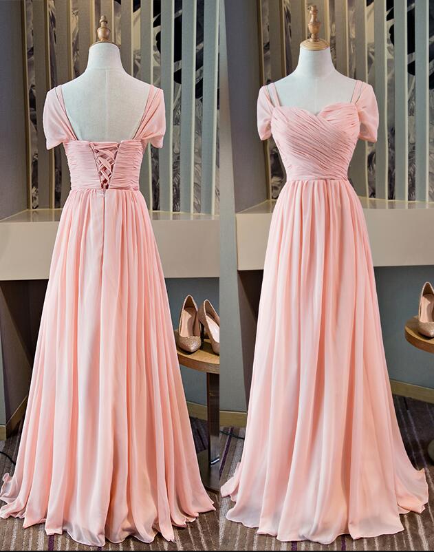 Pink Cap Sleeves Chiffon A-line Party Dress Hand Made Custom Pink Bridesmaid Dress Sa281