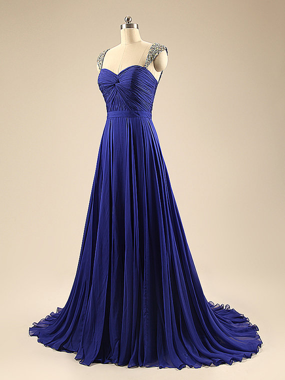 Beautiful Blue Straps Beaded Sweetheart Chiffon Prom Dress Blue Evening Party Dress Sa287