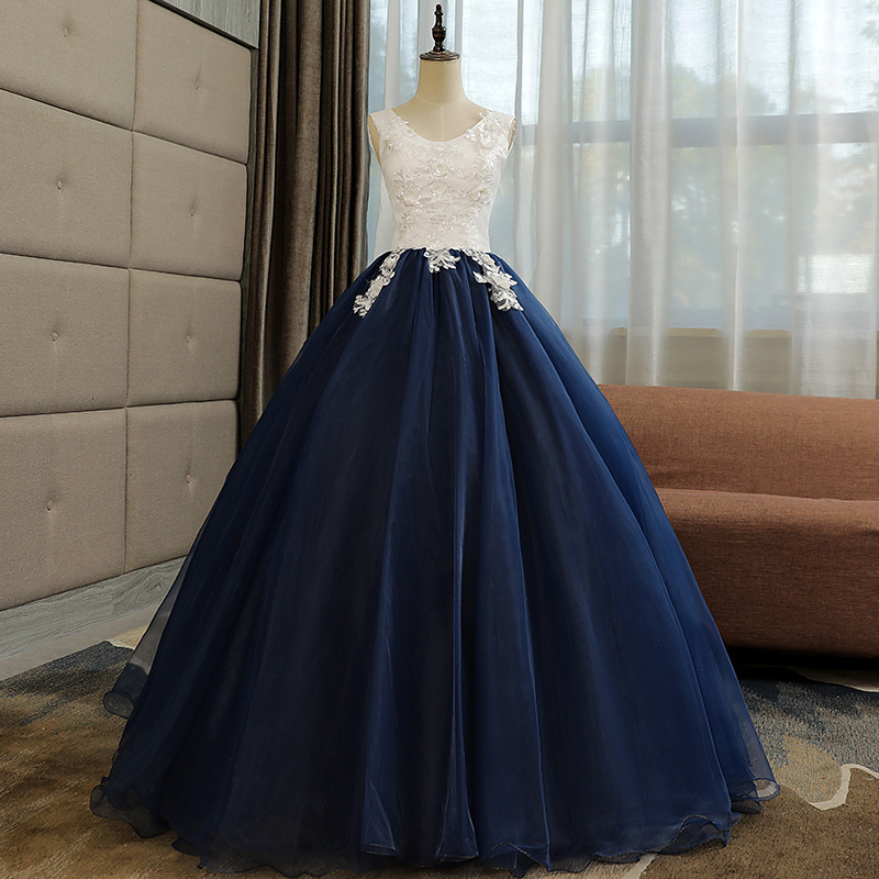 Navy And White Lace Ballroom Gown Dress