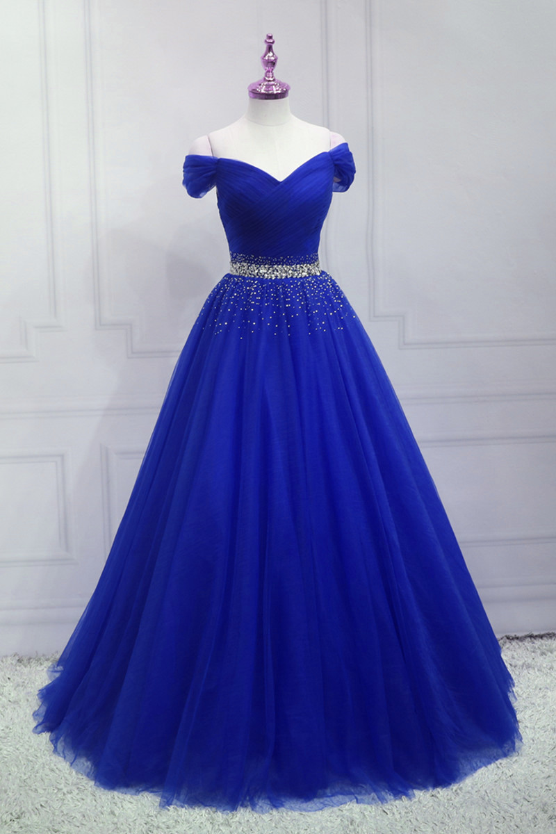 Royal Blue Evening Gown With Beaded Waistline