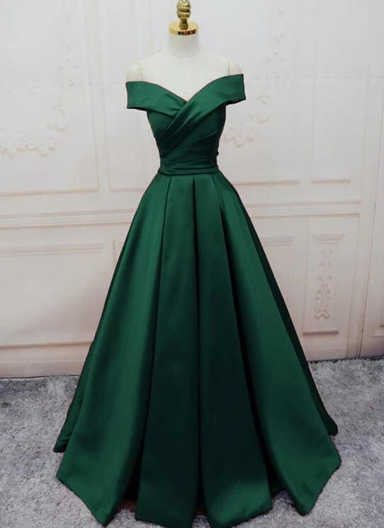 Charming Dark Green Satin Off Shoulder Long Formal Gown Hand Made Prom Dress Sa329