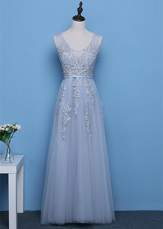 Pretty Tulle With Lace Applique Beaded Long Party Dress Hand Made Grey Prom Dress Sa339