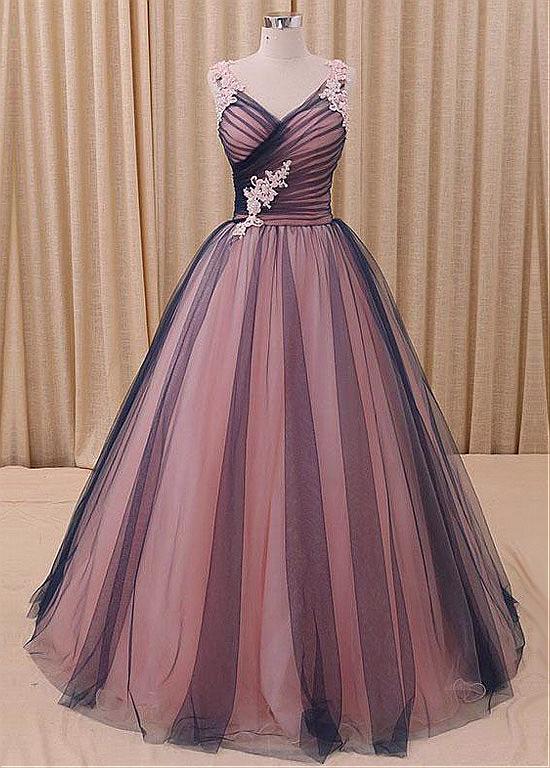 Beautifultulle V-neck Ball Gown Evening Dress With Lace Applique Prom Dress Sa375