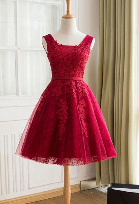 Beautiful Dark Red Short Tulle Prom Dress Custom V-neckline Evening Party Dress Sa381