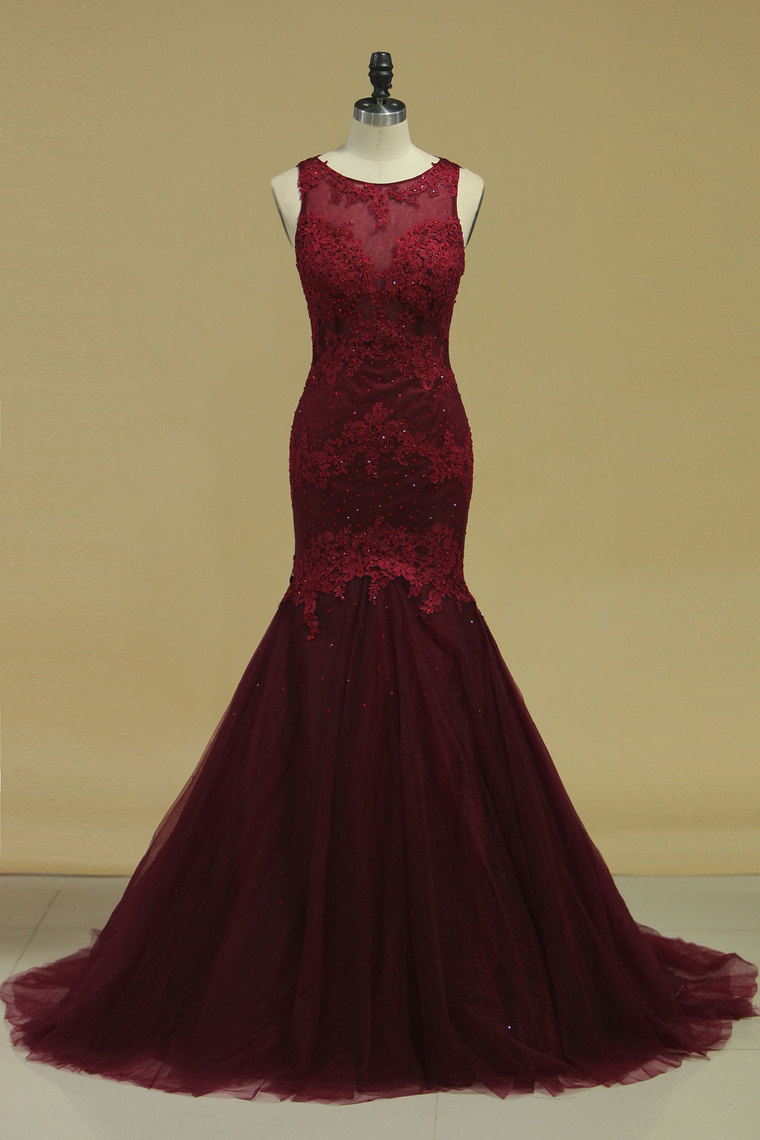 Wine Red Mermaid Tulle With Lace Evening Gown, Hand Made Custom Prom Dress Sa394