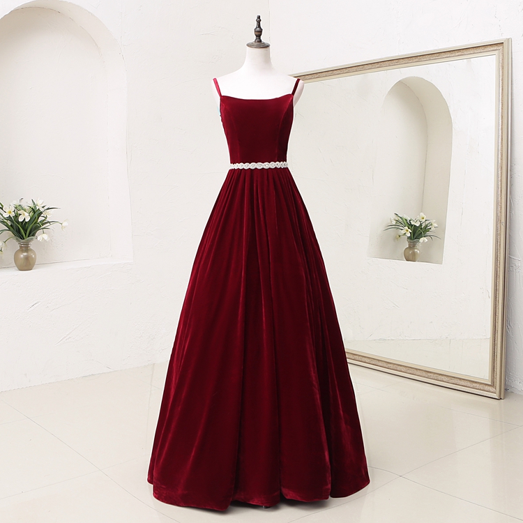 Dark Red Velvet Straps Long Evening Gown,hand Made Custom Charming Party Dress Sa397