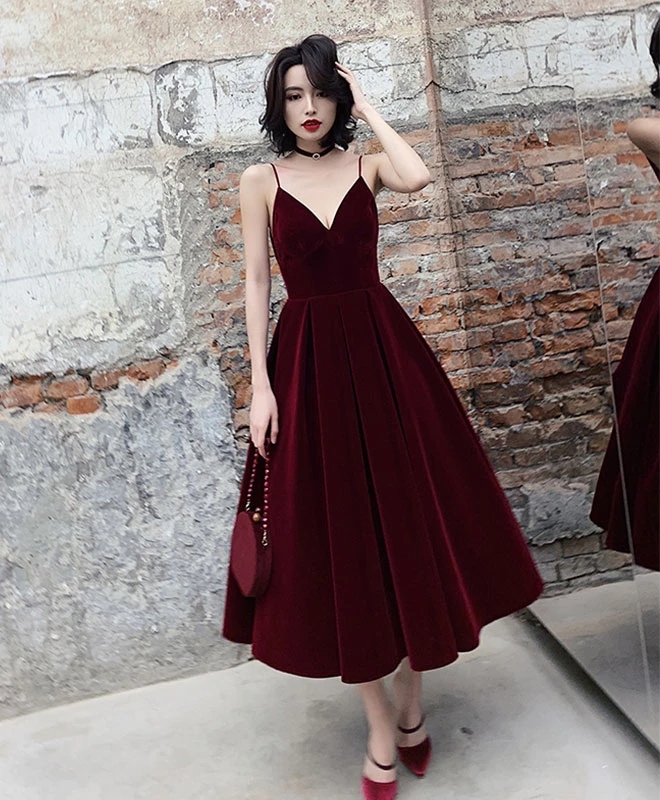 Sexy Wine Red Straps V-neckline Velvet Party Evening Dress, Tea Length Bridesmaid Dress Sa611