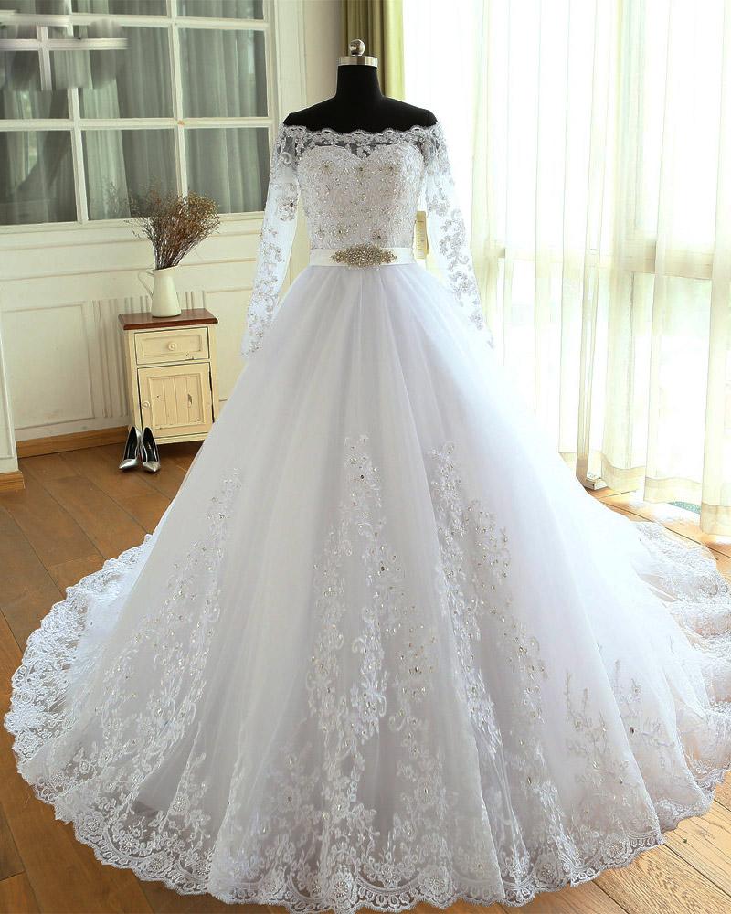 White Long Sleeves Tulle And Lace Elegant Wedding Dress, Beautiful Bridal Dress Sa621