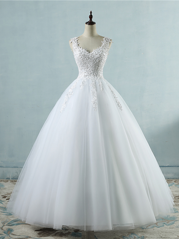 Beautiful White Tulle V-neckline Long Wedding Gown, Charming Bridal Gown Sa622