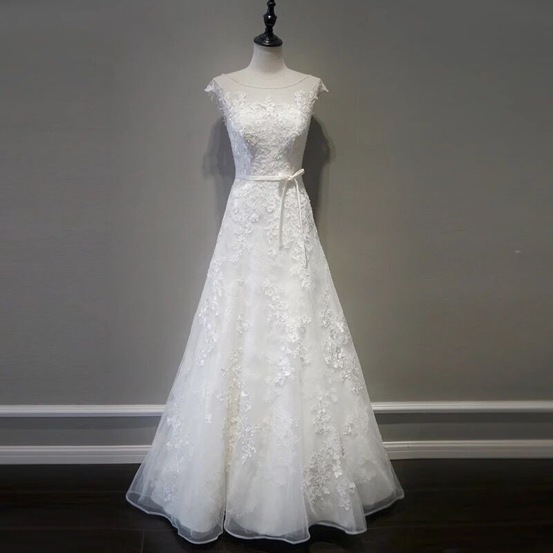 White Lace Elegant Simple Round Neckline Long Formal Dress, White Wedding Dress Sa632