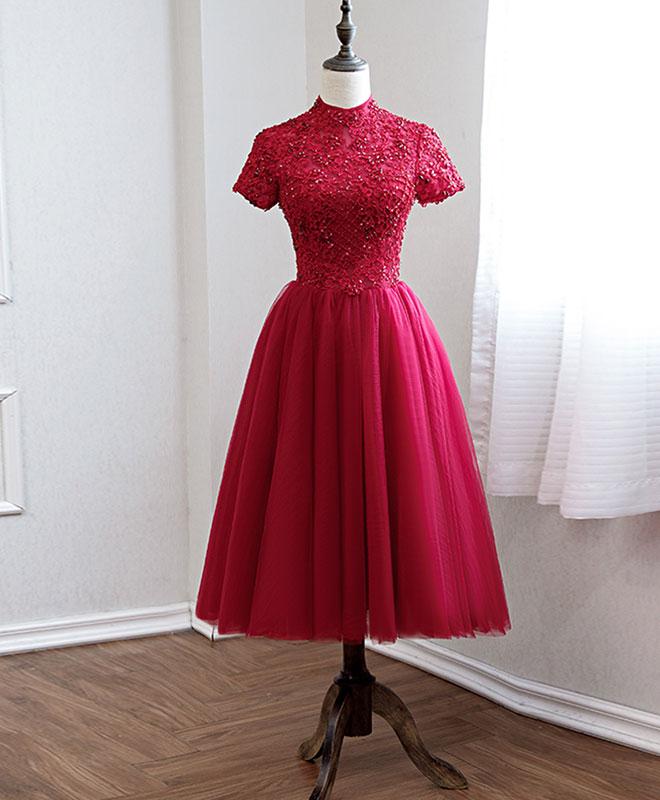 Dark Red Halter Tulle Cap Sleeves Formal Dresses, Beautiful Party Dress Sa642