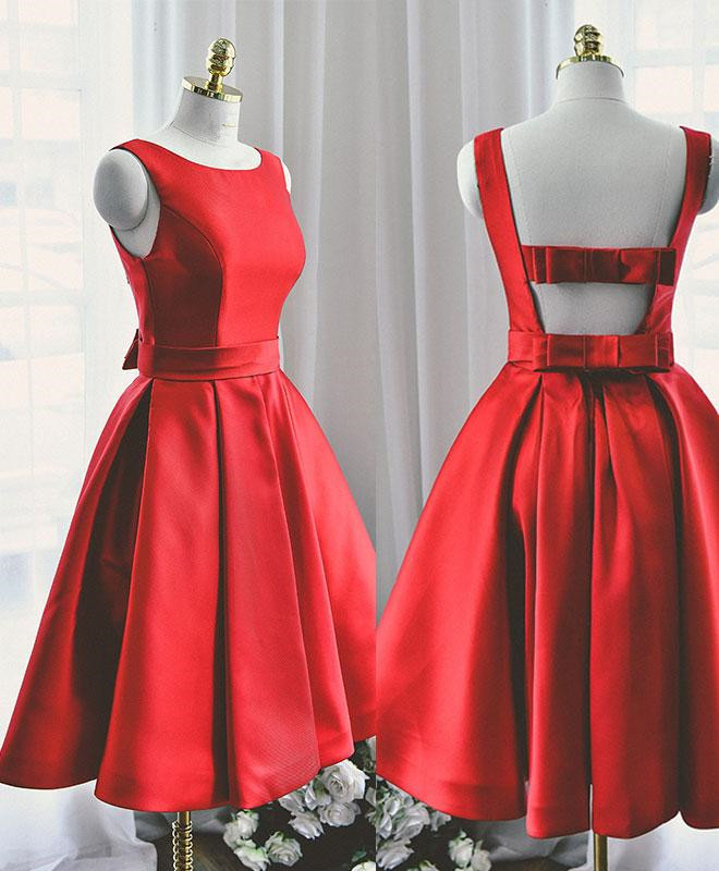Red Satin Short Party Dress With Bow, Red Homecoming Dress Sa643