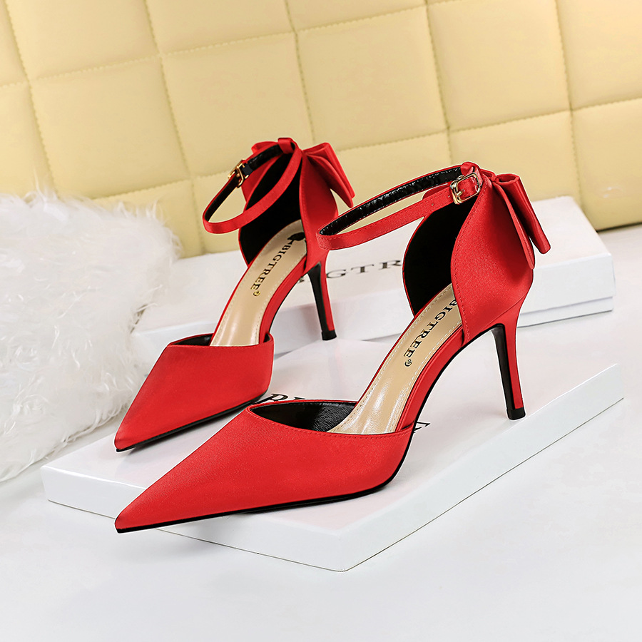 Korean Version Of Sweet Beauty Shoes Stiletto High Heel Shallow Mouth Pointed Toe Satin Hollow Back Bow Tie Sandals (heel 8cm) H129
