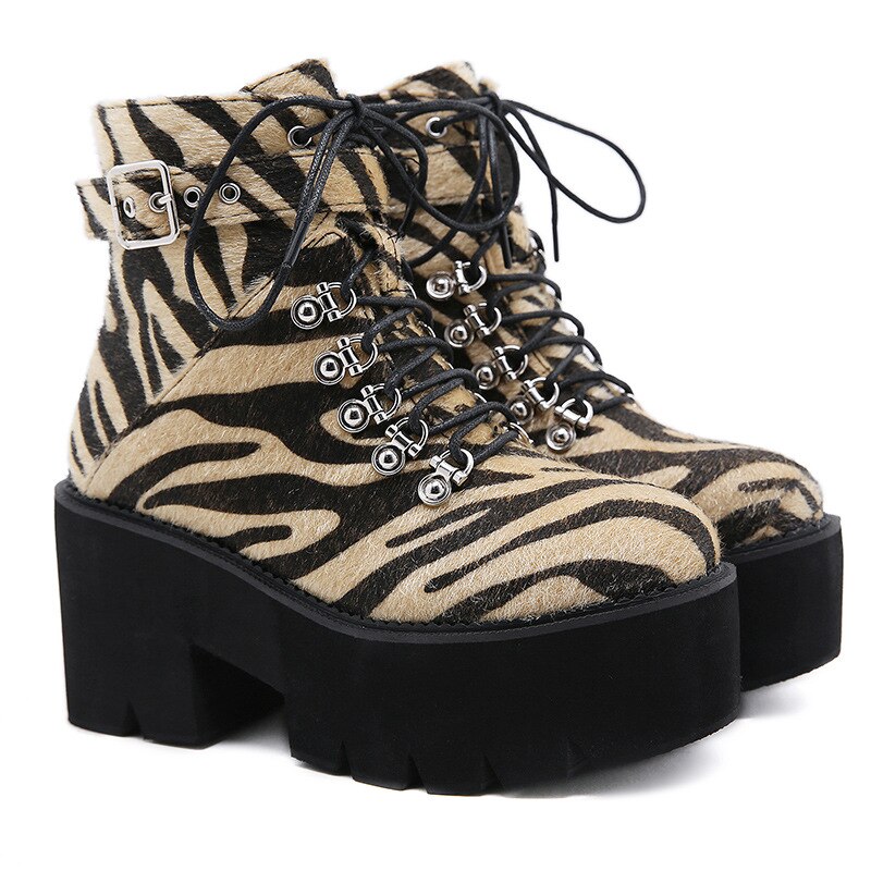 Autumn Winter Chunky Heel Platform Boots Lace-up Leopard Gothic Boots Women Comfortable Sexy Buckle Footwear Goth Shoes H133
