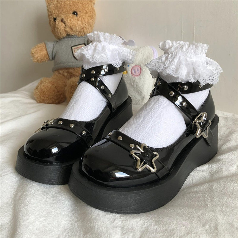 Lolita Shoes For Women Kawaii Cosplay Mary Janes Gothic Shoes Platform Emo Shoes On Heels Women Loli Thick Heel Cross Bandage H146