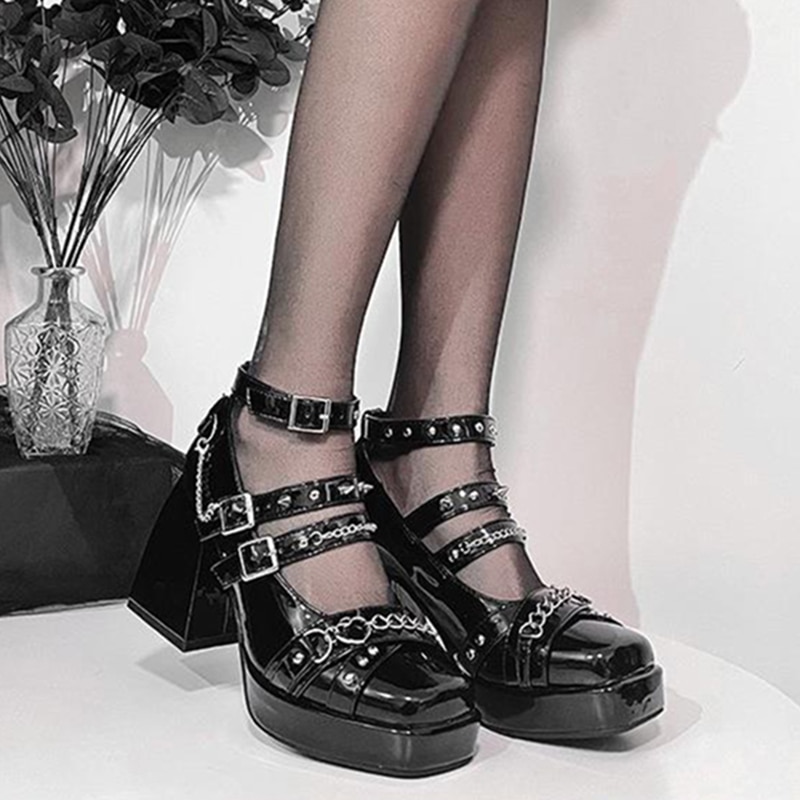 Punk Rivets Metal Chain Chunky Platform Pumps Women Patent Leather Square Toe Mary Jane Shoes Woman High Heels Lolita Shoes H161