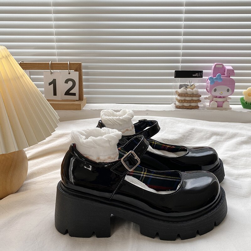 Platform Heels Mary Jane Shoes Simple Lolita Shoes Black Platform Shoes Student College Sweet Medium Heel Women's Single Shoes H162