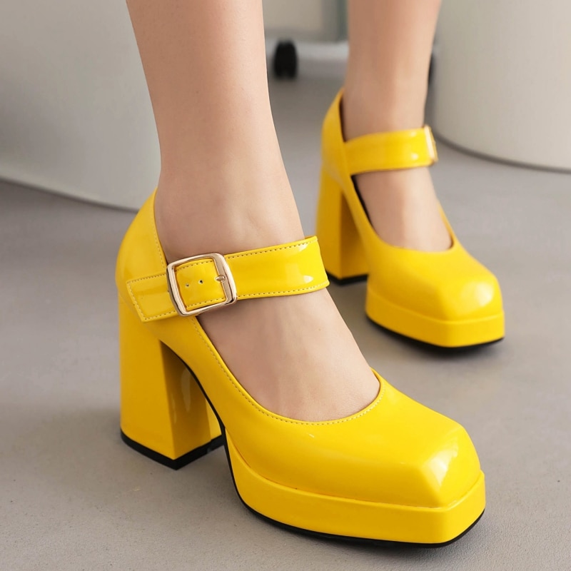 Fashion Punk High Heels Pumps Shoes Woman Platform Yellow Black White Women's Heeled Mary Janes Party Office Shoes Large Size H168