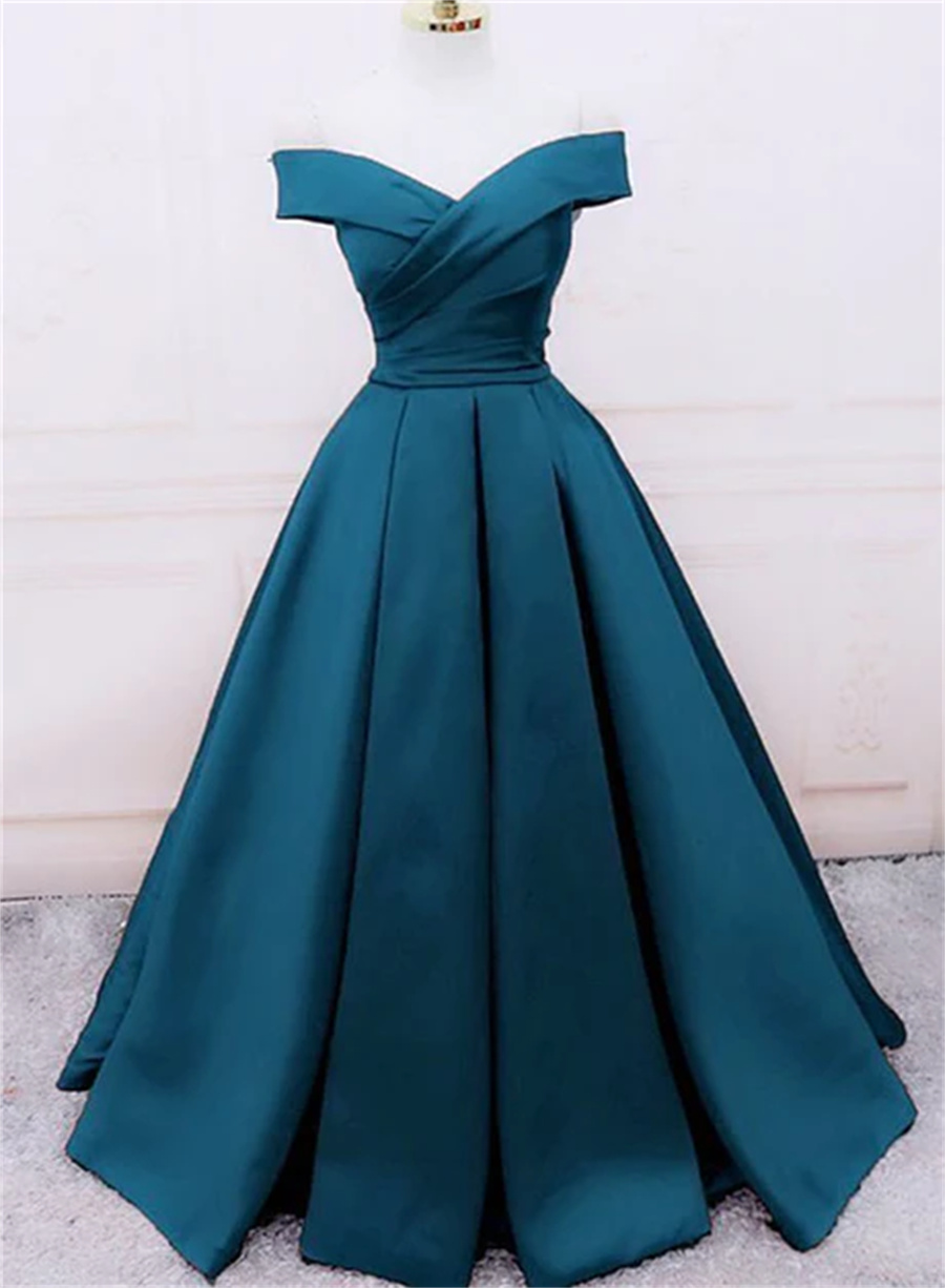 Glam Blue Satin Long Off Shoulder Party Dress, A-line Prom Dress Sa659