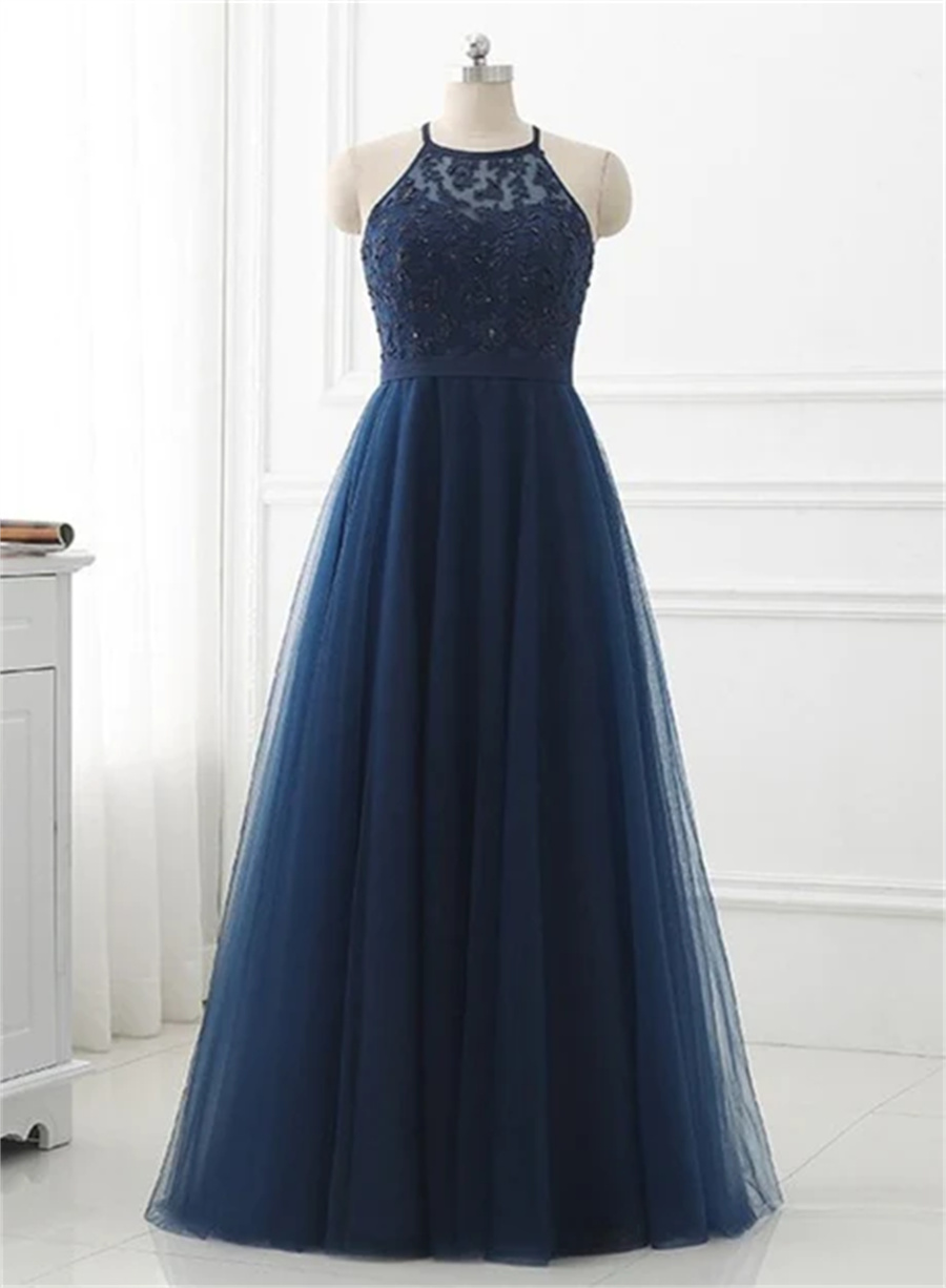 Navy Blue Tulle With Lace Applique Long Party Dress, Blue Prom Dress Sa661