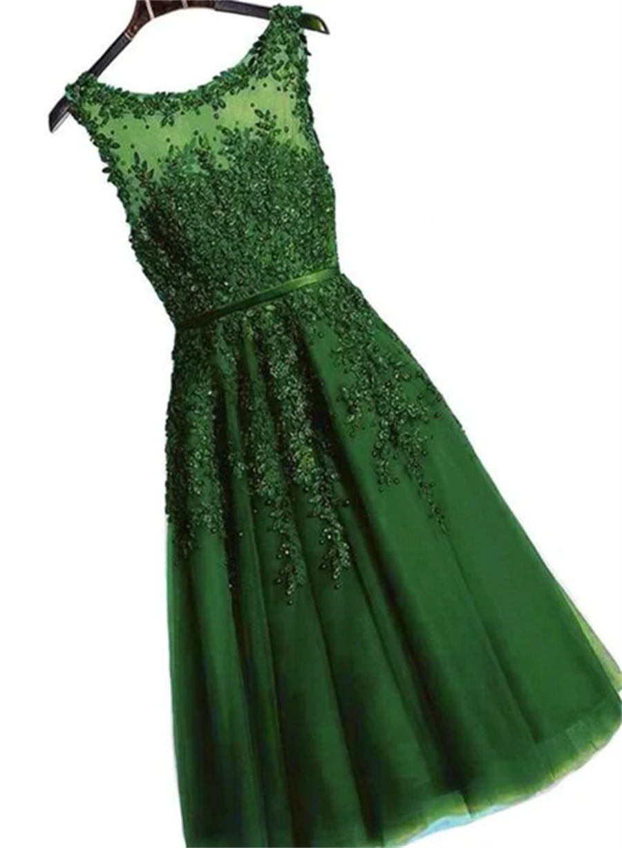 Dark Green Round Neckline Tea Length Lace Party Dress, Wedding Party Dress Sa664