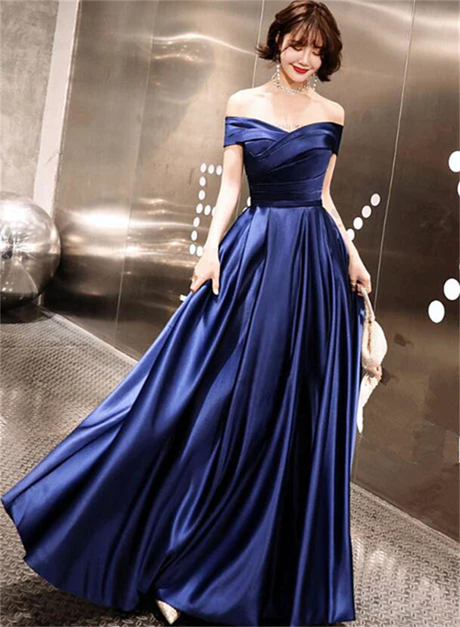 Blue Off Shoulder Prom Dress, Blue Satin Party Gown Prom Dress Sa665