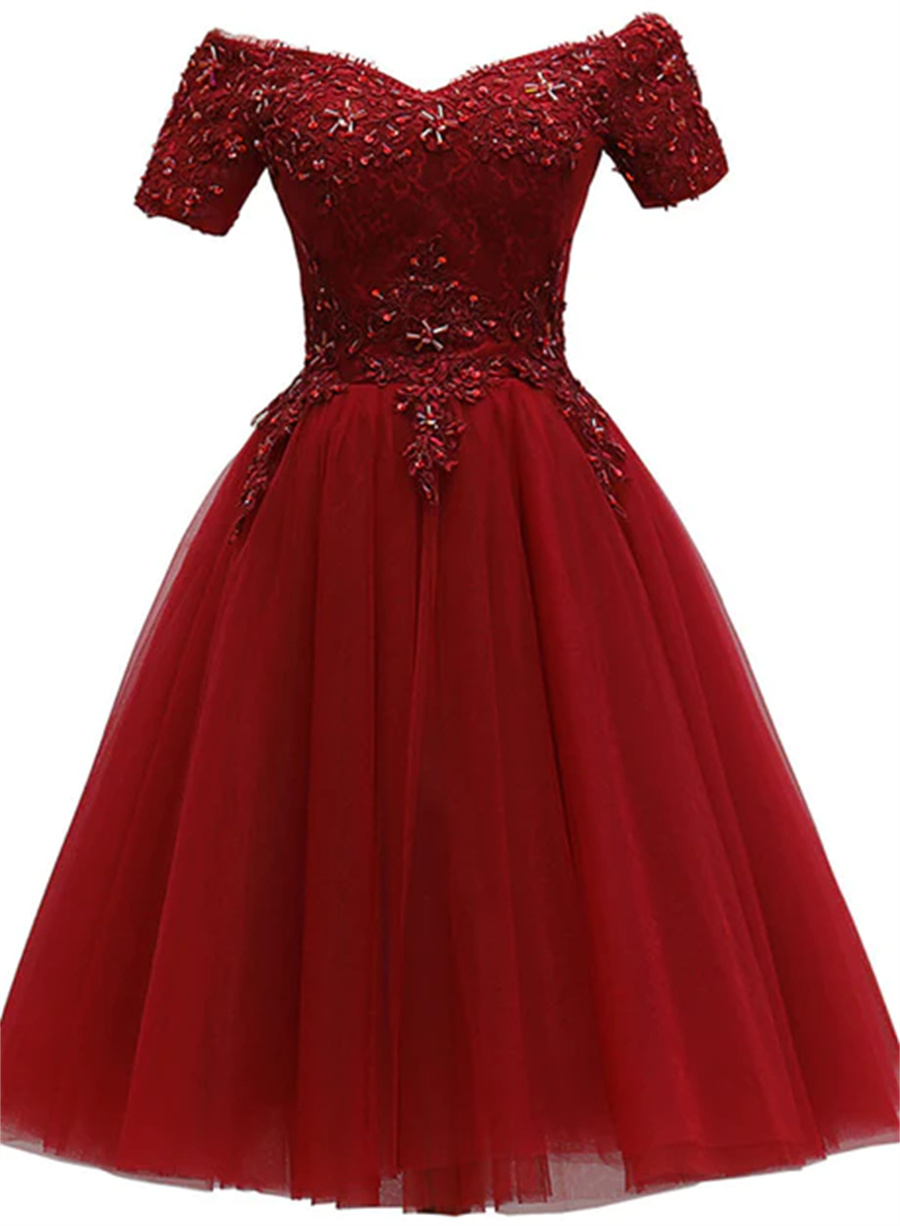 Cute Burgundy Off Shoulder Tulle Party Dress, Wine Red Homecoming Dress Sa673