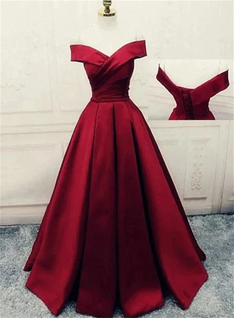 Charming Dark Red Satin A-line Off Shoulder Gown, Prom Dress Sa679