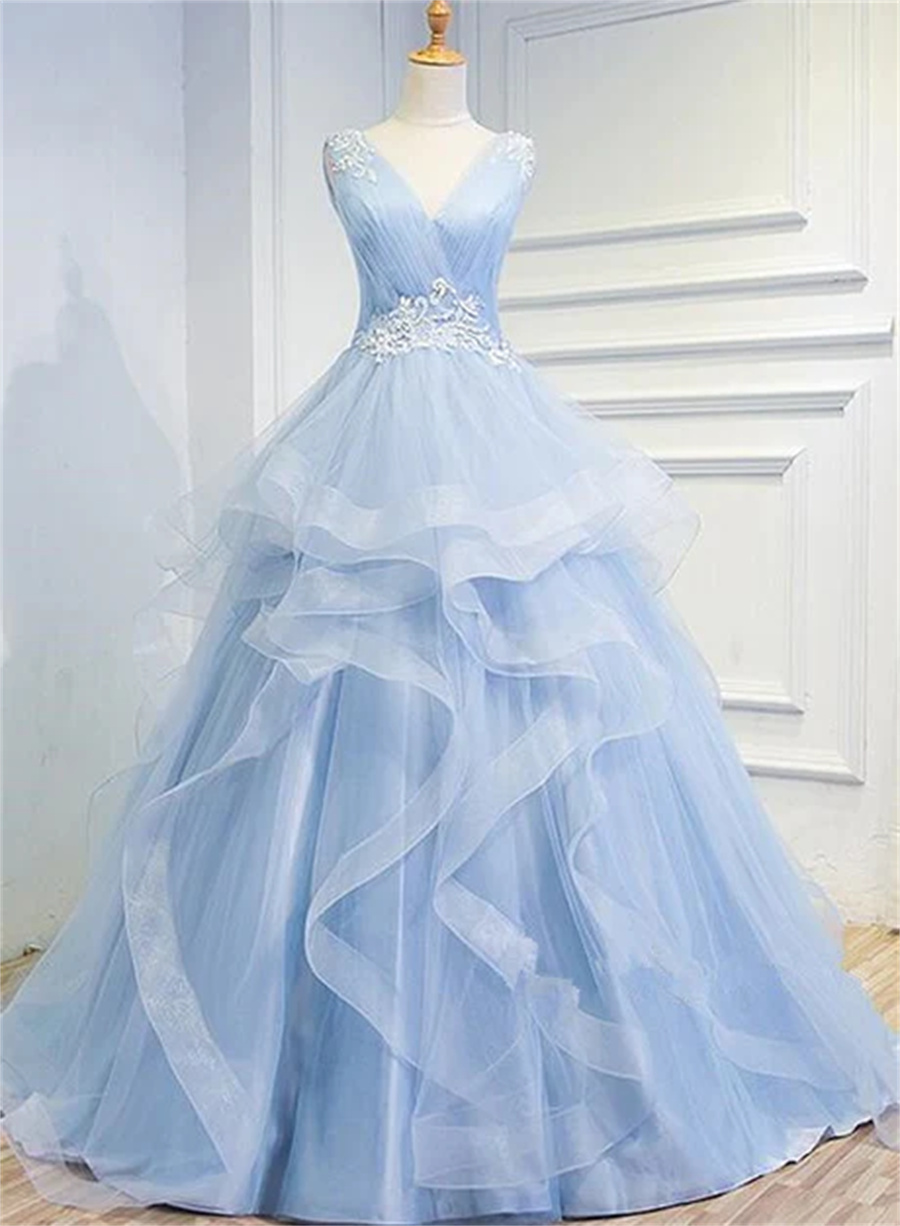 Beautiful Blue Prom Dresses V-neck Ball Gown Sweep Train Party Dress, Sa680