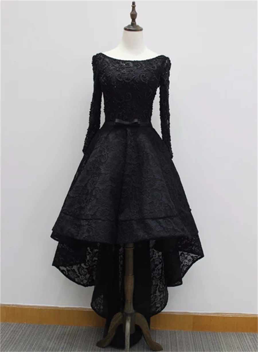 Long Sleeves Lace High Low Party Dress , Beaded Black Evening Dress Sa685