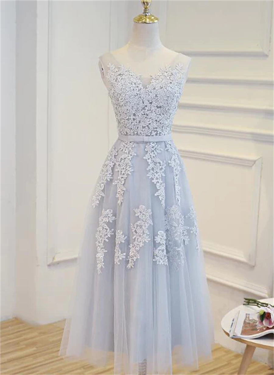 Simple Pretty Light Grey Tea Length Prom Dress, Tea Length Bridesmaid Dress Sa692