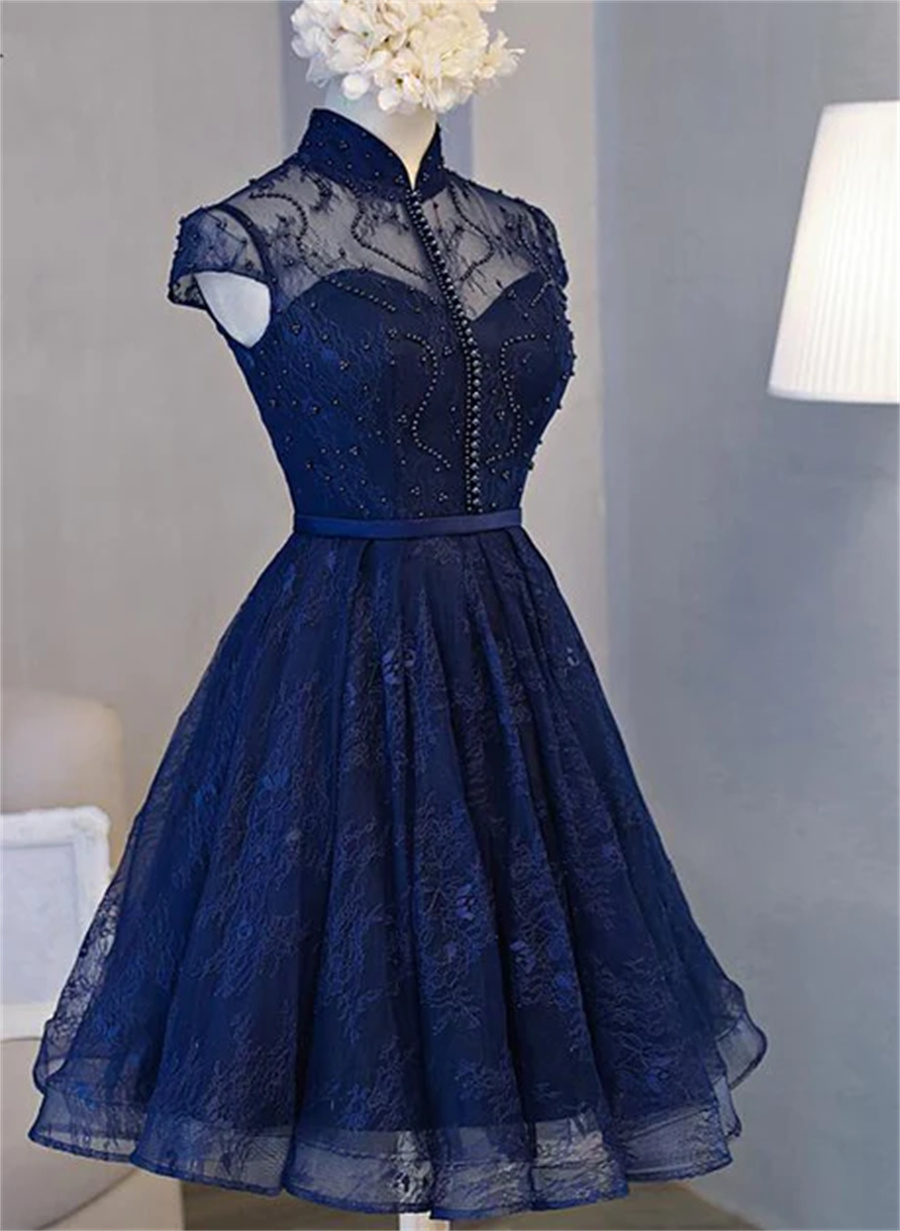 Beautiful Navy Blue Knee Length Lace Party Dress, Homecoming Dress Sa693