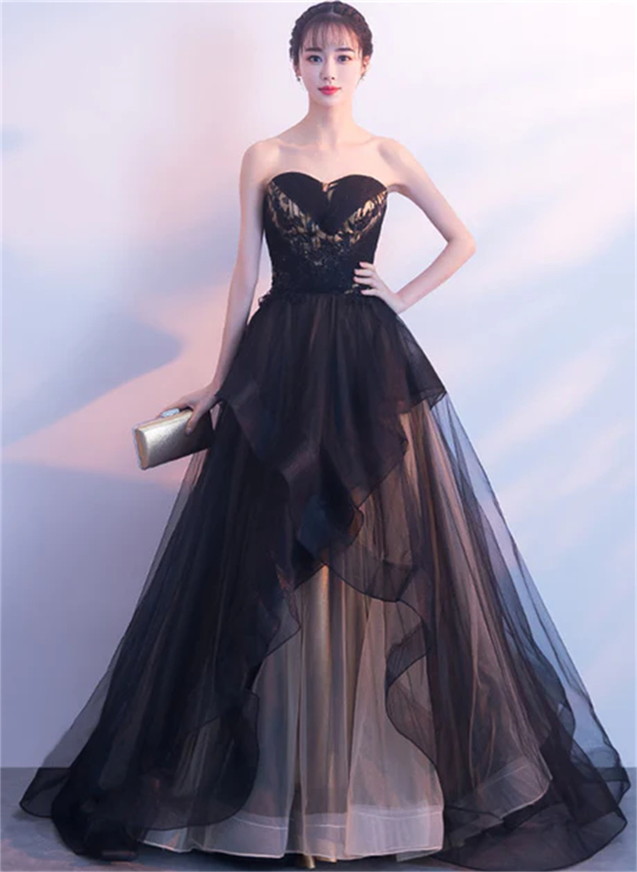 Black And Champagne Tulle Sweethart Party Dress, Black Gown Sa695