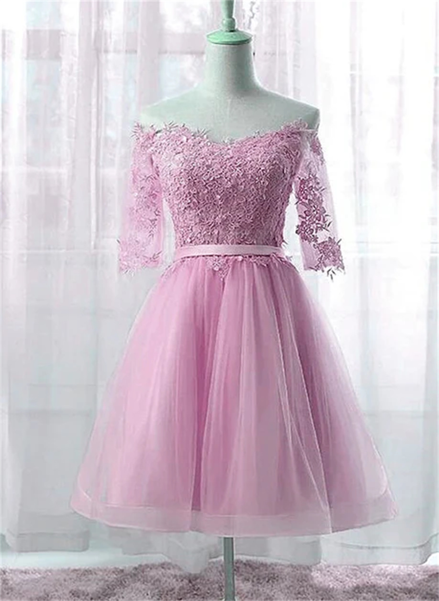 Cute Pink Knee Length Short Sleeves Party Dress, Tulle Prom Dress Sa698