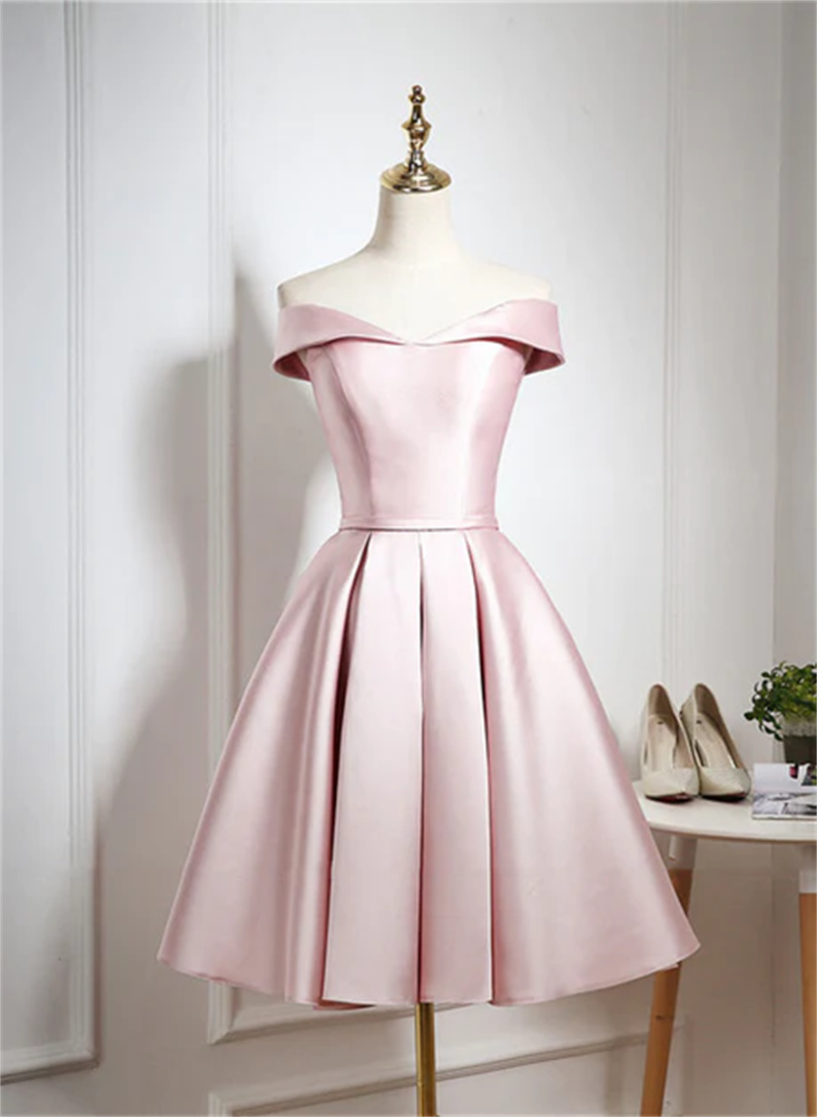 Pink Satin Knee Length Homecoming Dress, Off The Shoulder Homecoming Dress Sa706