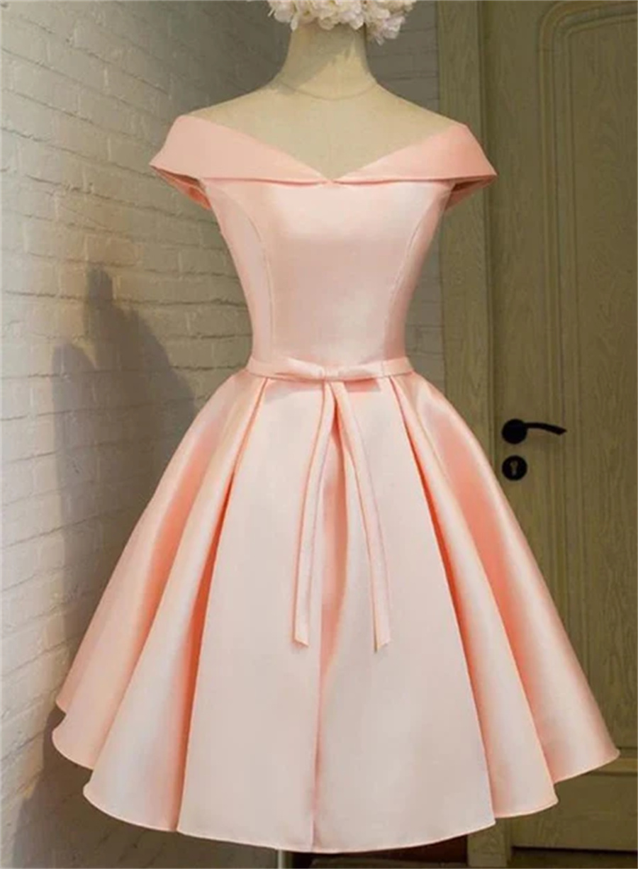 Pink Satin Knee Length Party Dress Homecoming Dress Sa711