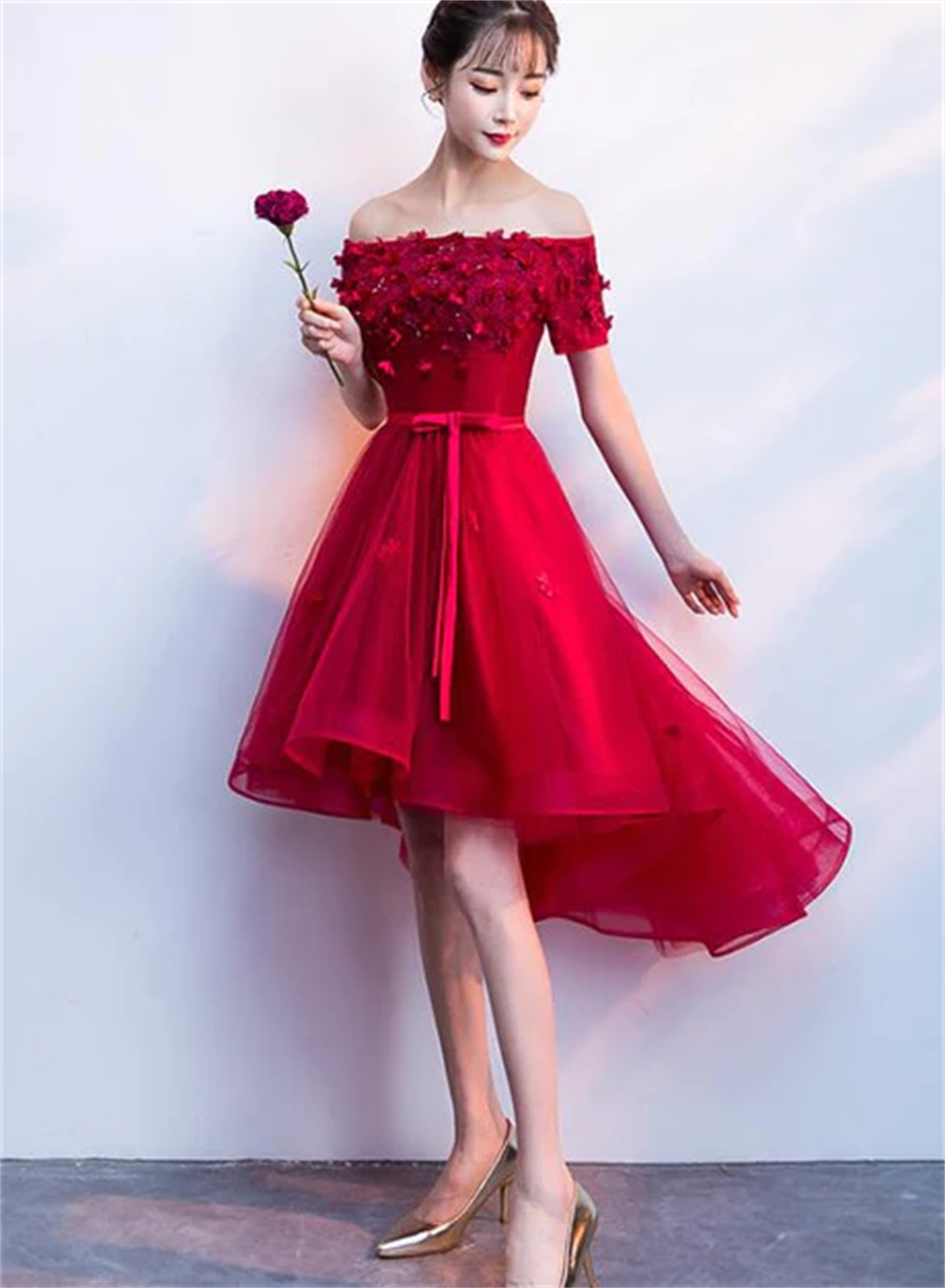 Dark Red High Low Flowers Homecoming Dress Charming Prom Dress Sa715