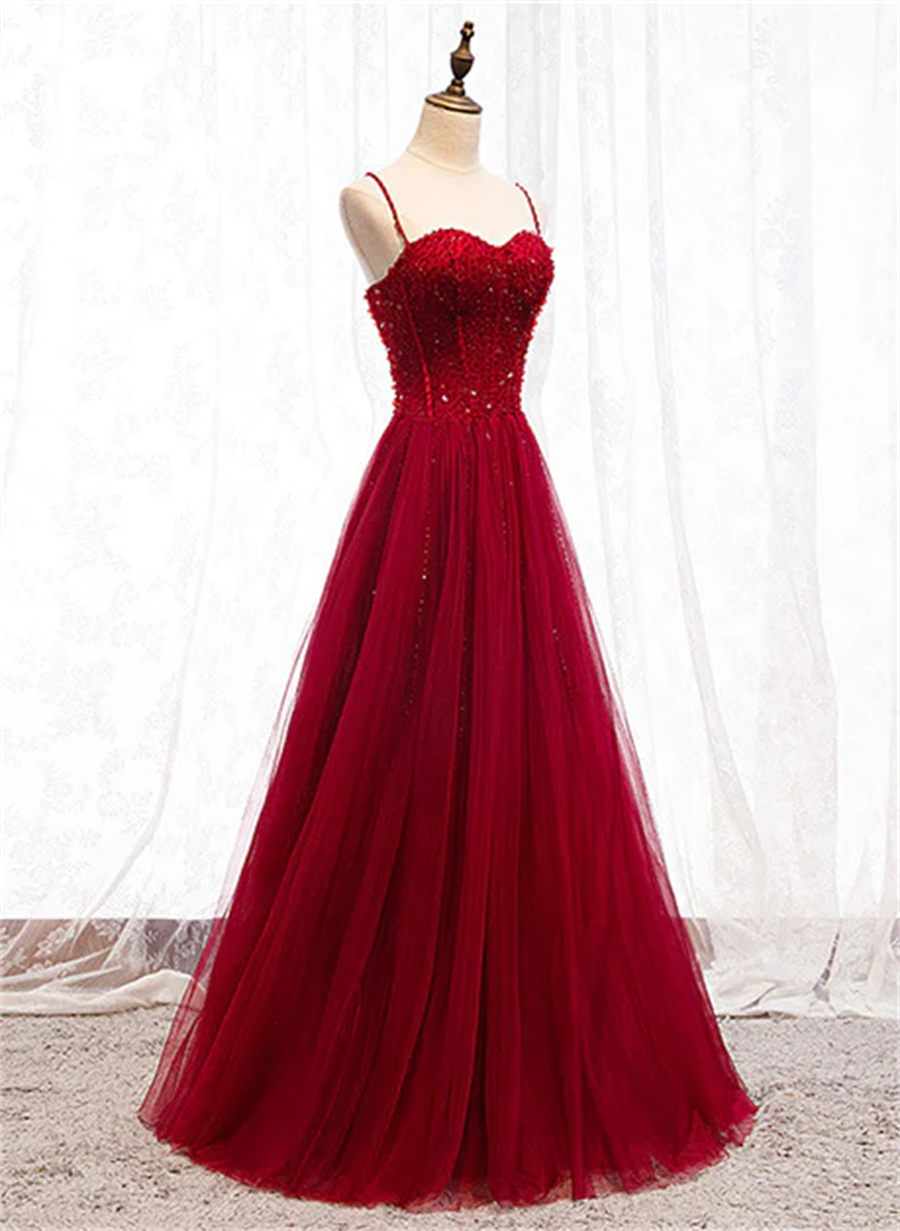 Straps Dark Red Beaded Sweetheart Long Formal Dress Junior Prom Dress Sa722