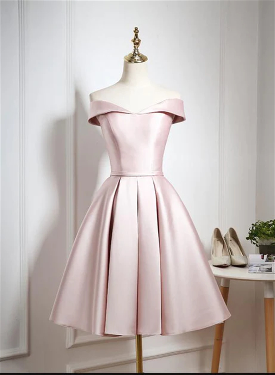 Lovely Pink Satin Off Shoulder Knee Length Formal Dress Homecoming Dress Sa726