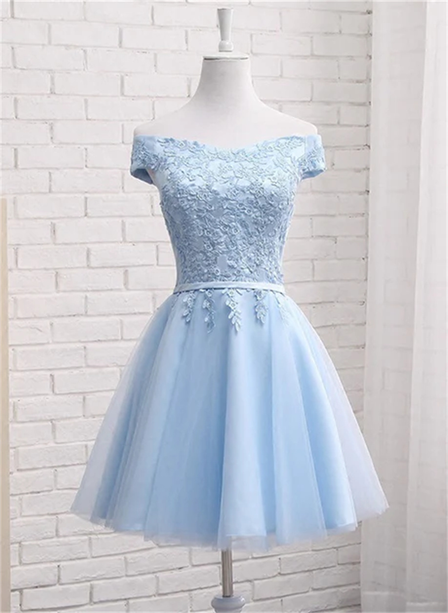 Light Blue Off Shoulder Tulle Party Dress Blue Homecoming Dresses Sa732