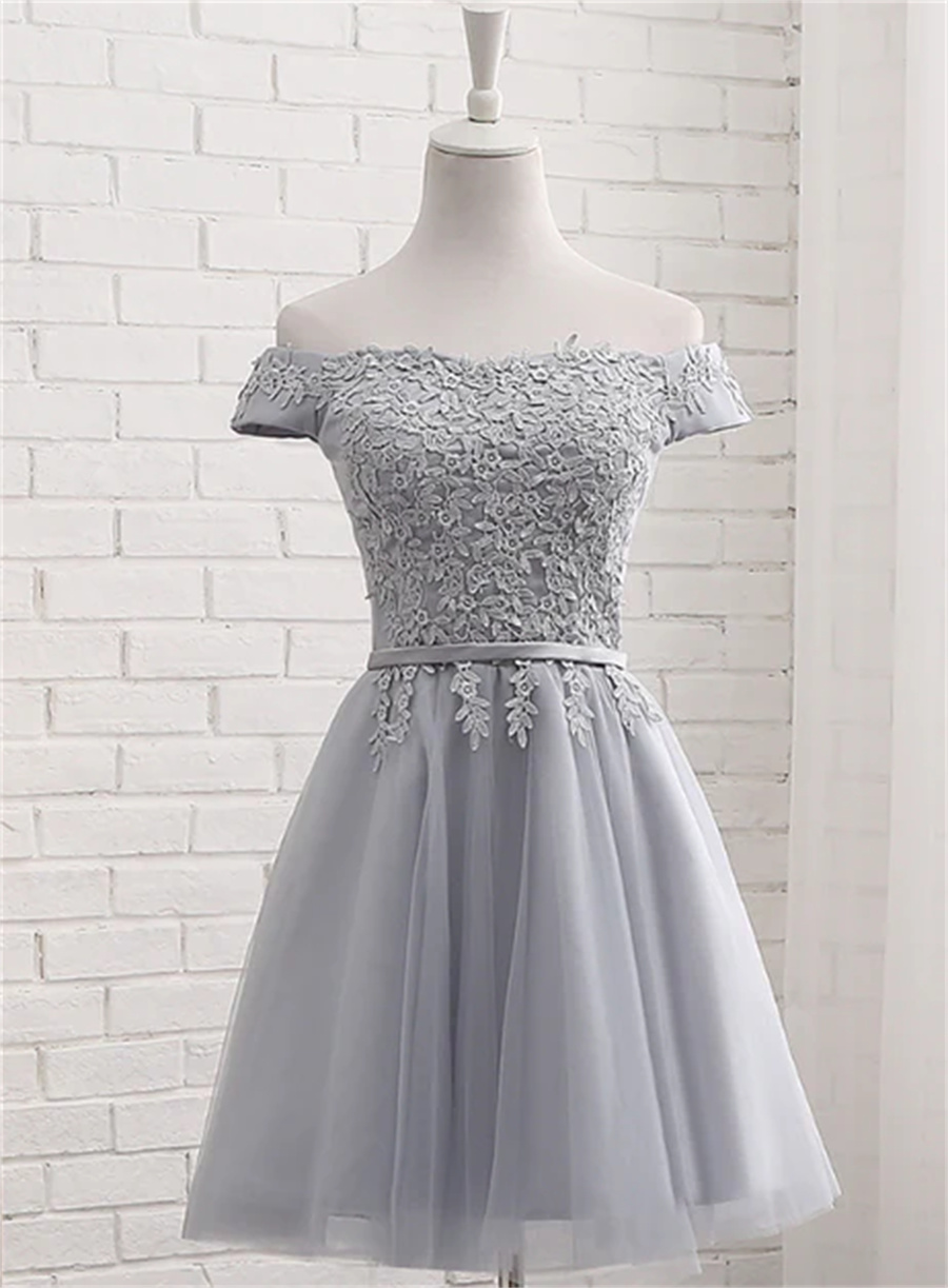 Grey Short Tulle Party Dress With Lace Applique Bridesmaid Dresses Cute Formal Dress Sa745