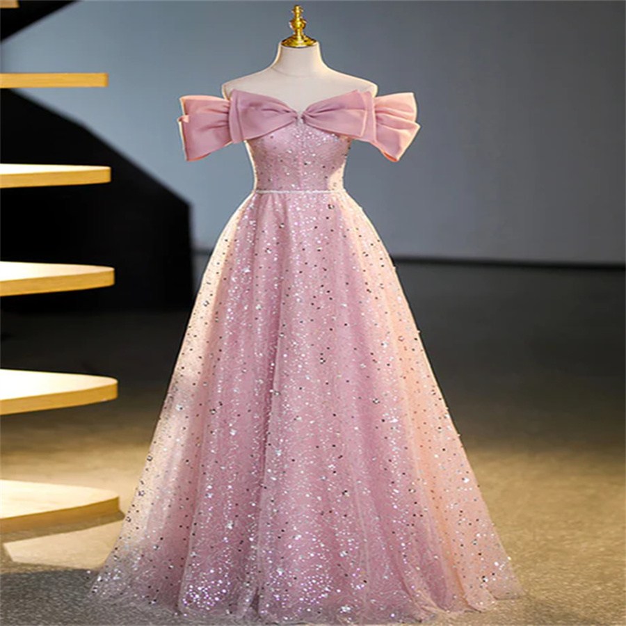 Pink Off Shoulder Shiny Tulle A-line Long Party Dress Pink Tulle Formal Dress Sa759