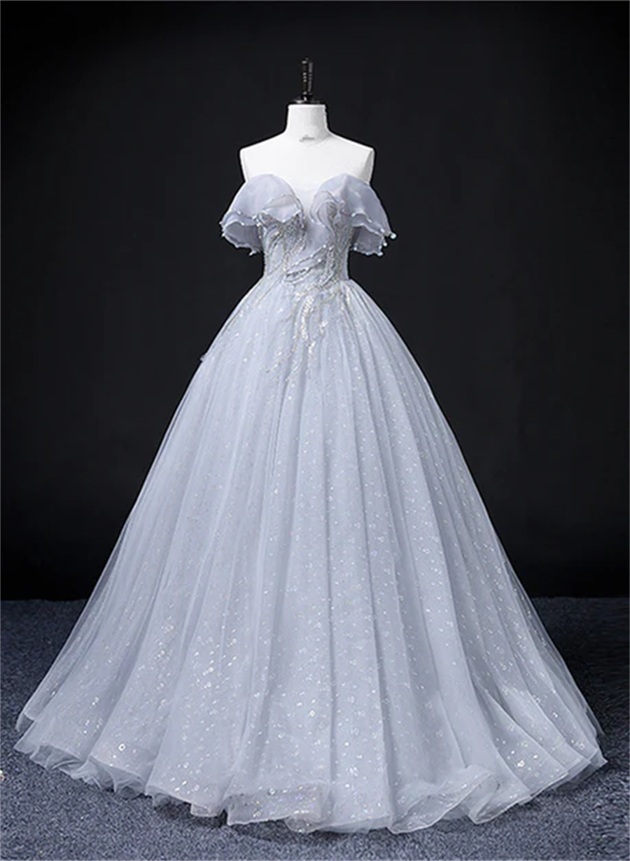 Sliver Grey Tulle Off Shoulder Long Party Dress Tulle Evening Dress Prom Dress Sa762