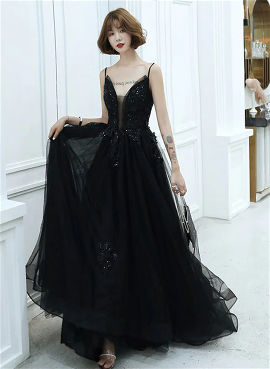 Black V-neckline Tulle With Lace Applique Long Prom Dress Black Evening Dress Sa764